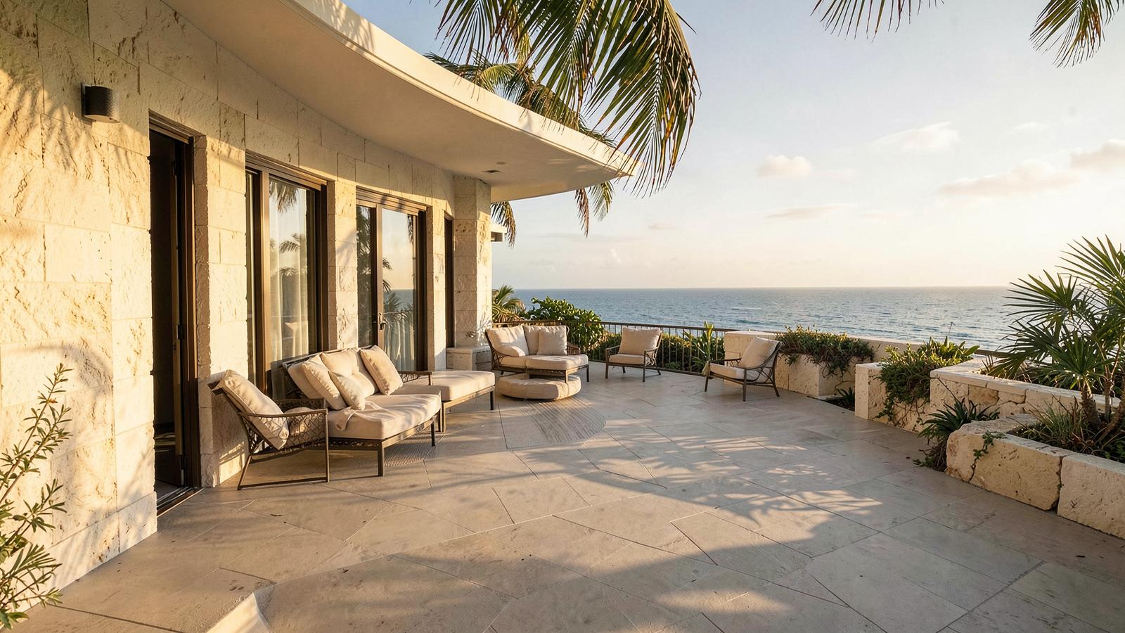 Coastal villa terrace in Puerto Rico at golden hour